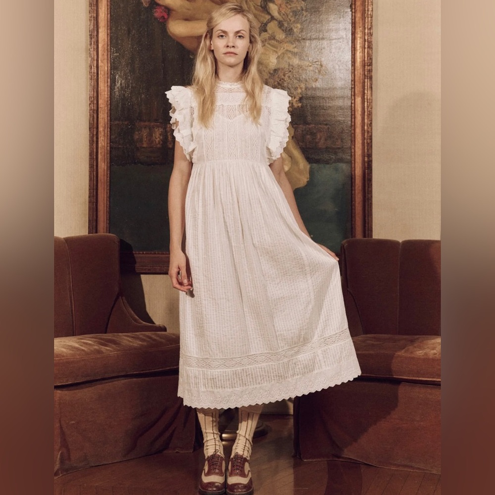 THE GREAT. White Eyelet Maxi Dress with Ruffle Sleeves
